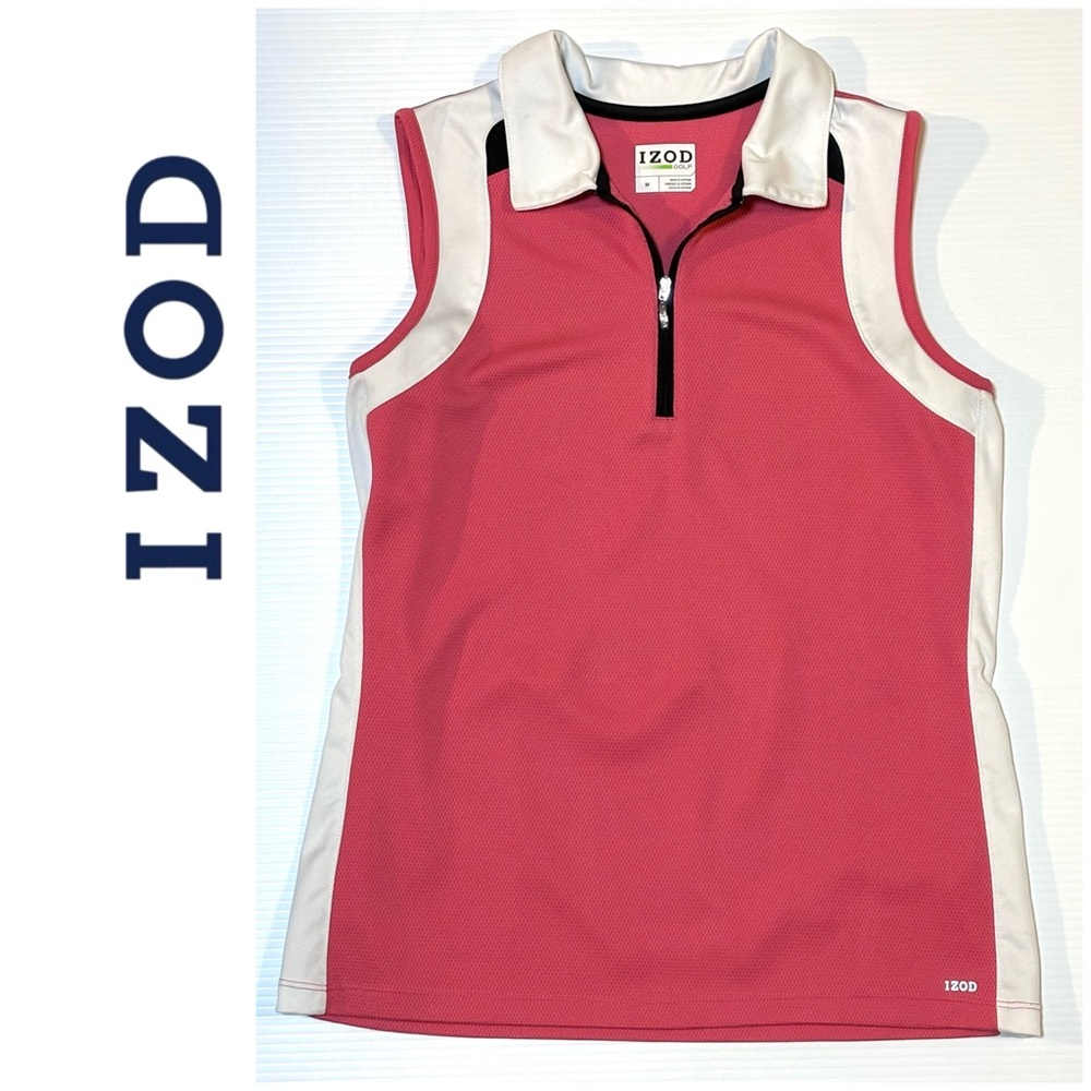 Izod Pink and White Sleeveless Zip-Front Polo